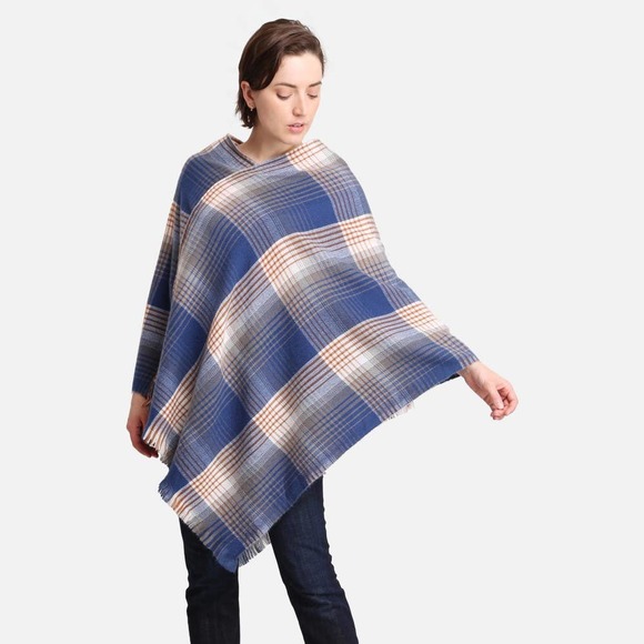 Blue White Multicolor Plaid Poncho - Picture 1 of 5